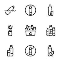 Set of black vector icons, isolated on white background, on theme Plastic, modern environmental problem