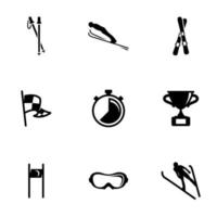 Set of black icons isolated on white background, on theme Skiing vector