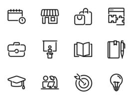 Set of black vector icons, isolated against white background. Illustration on a theme Shopping and preparation for study. Choice of profession and purpose in life