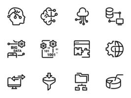 Set of black vector icons, isolated against white background. Illustration on a theme Big data. Sorting, storage and analysis tools