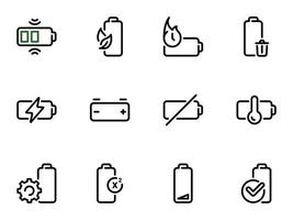 Set of black vector icons, isolated on white background, on theme Charging and using the battery