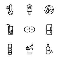 conjunto de iconos negros aislados en fondo blanco, sobre bebidas frías temáticas, helados y sistemas de refrigeración vector