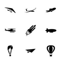 conjunto de iconos negros aislados en fondo blanco, en el transporte aéreo temático vector