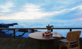 Wooden table and chair set with black coffee with fresh strawberries on the terrace or balcony. Mountain scenery in the morning with sunlight and sea of mist at Phu tub berk, Thailand. 3D rendering photo