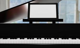 Learn piano online by yourself. Use a tablet or computer to learn piano tutorials online. The black grand piano has a tablet placed on a notebook stand. 3D Rendering. photo