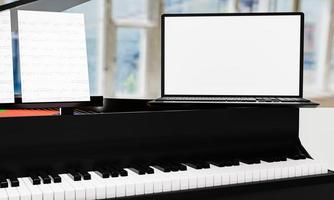 Learn piano online by yourself. Use a tablet or computer to learn piano tutorials online. The black grand piano has a tablet placed on a notebook stand. 3D Rendering. photo