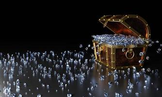 Many diamonds in a golden vintage treasure chest and falling down to the ground used for the Gem storage box concept. A treasure on black background and reflection on the floor. 3D Render. photo