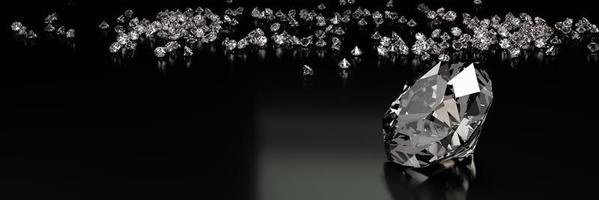 Representación 3D de diamantes de muchos tamaños en una superficie negra con reflejo.
