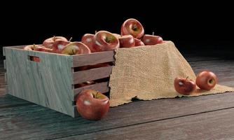 manzanas rojas en caja de madera con tela de arpillera sobre superficie de madera. imagen de renderizado 3d foto
