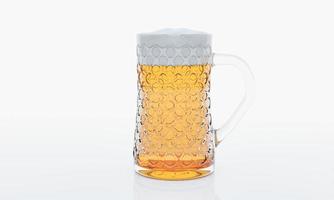 vaso de cerveza sobre fondo blanco y papel de pared. patrón de círculo en la superficie de vidrio. representación 3d foto