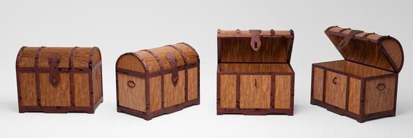 The old wooden treasure chest has a rusted metal frame. Brown wooden box with metal frame And rusty iron pins Place on a white background. 3D Rendering photo