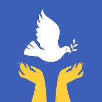Support for Ukraine poster. Hands release white dove with olive branch. Flat vector illustration