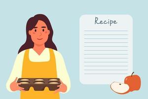 A woman holds a baking dish next to a recipe. Flat vector illustration for the design of a recipe book.
