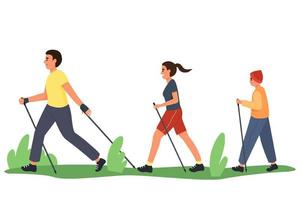 A sporty and active family with a child walks with sticks in their hands on the grass. Vector illustration in a flat style in white isolated background.