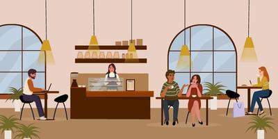 Young boys and girls drink coffee, talk, work sitting at the table. Flat vector illustration.