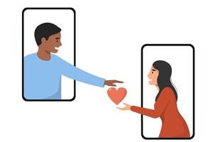 una pareja feliz sostiene un ícono de corazón en la pantalla del teléfono. un hombre le pasa un ícono de corazón a una mujer en línea. aplicación móvil social para citas, búsqueda de pareja romántica. vector