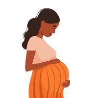 Black pregnant woman in fashionable dress hugs her belly. Vector illustration in a flat style