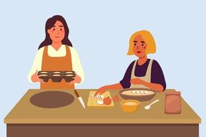 las mujeres jóvenes o las parejas felices preparan juntos el postre en la cocina, ilustración vectorial plana. la gente pasa una velada familiar cocinando. vector