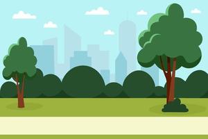 parque de verano con árboles y arbustos en una gran ciudad. naturaleza en la ciudad. ilustración vectorial en estilo plano vector