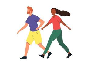 Beautiful couple running together. Man and woman walking. Flat vector illustration on a white isolated background.