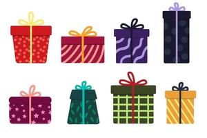 A set of bright gifts or boxes with patterns on a white isolated background. Flat vector illustration.