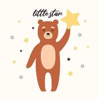 Cute baby bear holding a star on the background of small stars. Inscription little star. Illustration for children's room decor, baby kids poster , postcard, invitation, clothing, birthday party. vector