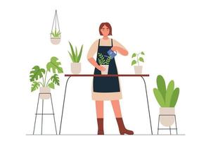 mujer feliz regando plantas. floristería o jardinero cuidando flores. jardinería. ilustración plana vectorial vector
