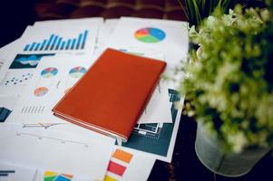 Office space And graphs on his desk. Business ideas and space for copy. photo