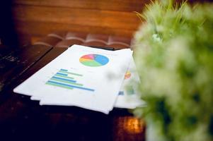 Office space And graphs on his desk. Business ideas and space for copy. photo