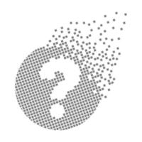 Round question mark fast pixel dots. Pixel art with question mark. Integrative pixel movement. Creative dissolved and dispersed moving dot art. Modern icon creative ports. Vector logo design.