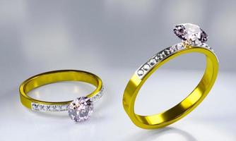 anillo de oro engastado con diamantes de muchos tamaños colocados en el suelo y un fondo blanco. representación 3d foto