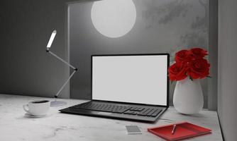pantalla blanca de laboratorio de computadora en la mesa de superficie de madera. café negro en taza blanca. rosas rojas en jarrón blanco. concepto y espacio de copia para escritorio de trabajo. representación 3d foto