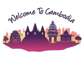 estilo de silueta de hito famoso de camboya con texto dentro vector