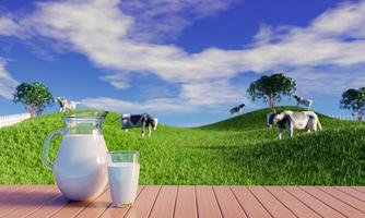 Fresh milk in clear glass and milk jug on the reflective plank floor. Bright green grassland cows are walking freely and enjoying eating grass. Clear blue sky with white clouds. 3D rendering photo