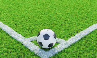 Lawn or soccer field with thick, soft green grass. A standard patterned soccer ball placed for corner kicks. Top view Football field. Background or Wallpaper. 3D lawn. 3D Rendering.