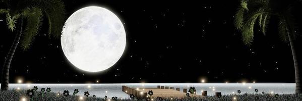 luna llena con estrellas en el cielo. la luz de la luna reflejada en la superficie del agua o el mar y el océano. luciérnagas en la hierba, hay flores en el campo. ambiente romántico de san valentín. representación 3d foto