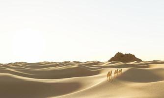 The waves of the vast desert nature. There are sandstone mountains and camels walking in the middle of the desert. The sun is hot in the desert during the day. 3D Rendering photo