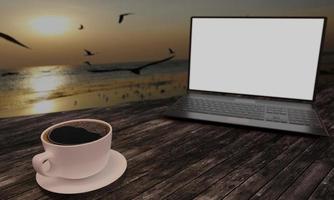 Black coffee in white cup on wooden surface table. Blur blank screen labtop , Black smartphone  white screen  on table. Copy space work desk and  travle concept. 3D Rendering. photo