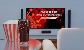 Home Theater with food and drink. Popcorn and Cola in clear glass on table. Big wall screen TV   Audio equipment use for Mini Home Theater. Breaking News for  Coronavirus Covid-19  pandemic outbreak photo