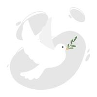 Flying white dove of peace with an olive branch in its beak. Pigeon of peace, bird symbol of tranquility, serenity, kindness, nobleness, security, safety and no war. Flat vector illustration.