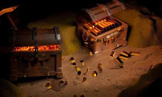 Golden Coins and cube in the Ancient and vintage treasure chest made of wooden panels Reinforced with gold metal and gold pins Treasure boxes placed on the sand in a cave or treasure chest underwater. photo