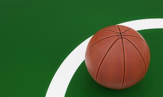 Basketball ball placed on the green playing field. Team sports equipment. 3D rendering photo