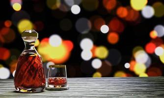 brandy o whisky en una elegante botella de cristal. vasos de licor con cubitos de hielo colocados sobre una mesa sobre una superficie de madera. fondo de luz bokeh. representación 3d