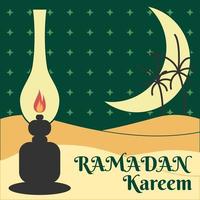 Ramadan kareem greeting in flat style vector with traditional lantern, crescent moon, desert, and stars.