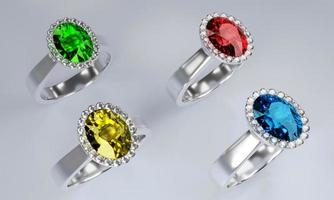 The ring is made of platinum gold decorated with Red diamonds and many colors. Blue  and yellow diamonds. 3D Rendering photo