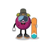 Mascot cartoon of mangosteen snowboard player vector