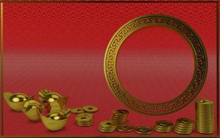 Golden coin and gold ingots of Chinese on red background  copy space in Happy chinese new year concept. 3D Rendering. photo