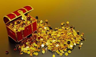 muchos distribuyen monedas de oro que volaron del cofre del tesoro. un cofre del tesoro hecho de oro, lujoso, caro. un antiguo cofre del tesoro abierto con monedas de oro expulsadas. representación 3d