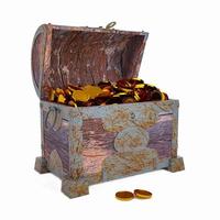 Golden coins in Old broken vintage pirate treasure chest. Rotten and broken. Storing valuables Made of cracked wood And rusted metal texture Isolated on white background and wallpaper.3D Rendering. photo