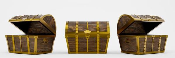 Ancient treasure chest is made of gold wood and metal plates with golden pins. Treasure chest with keyhole. Materials from Plank and gold metal. Background and white wallpaper. 3D Rendering photo